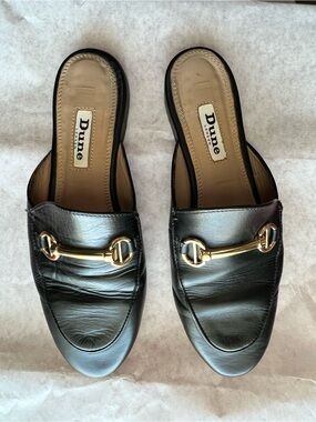Dune London Black Leather Mules with Gold Horsebit